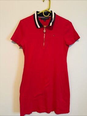 Tommy Hilfiger Red Short-Sleeve Polo Mini Dress with Striped Collar